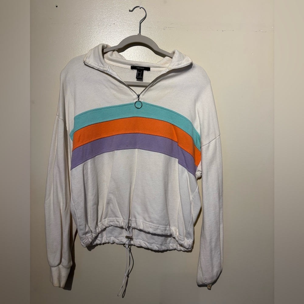 Forever 21 White Half Zip Sweatshirt with Teal, Orange, and Purple Stripes